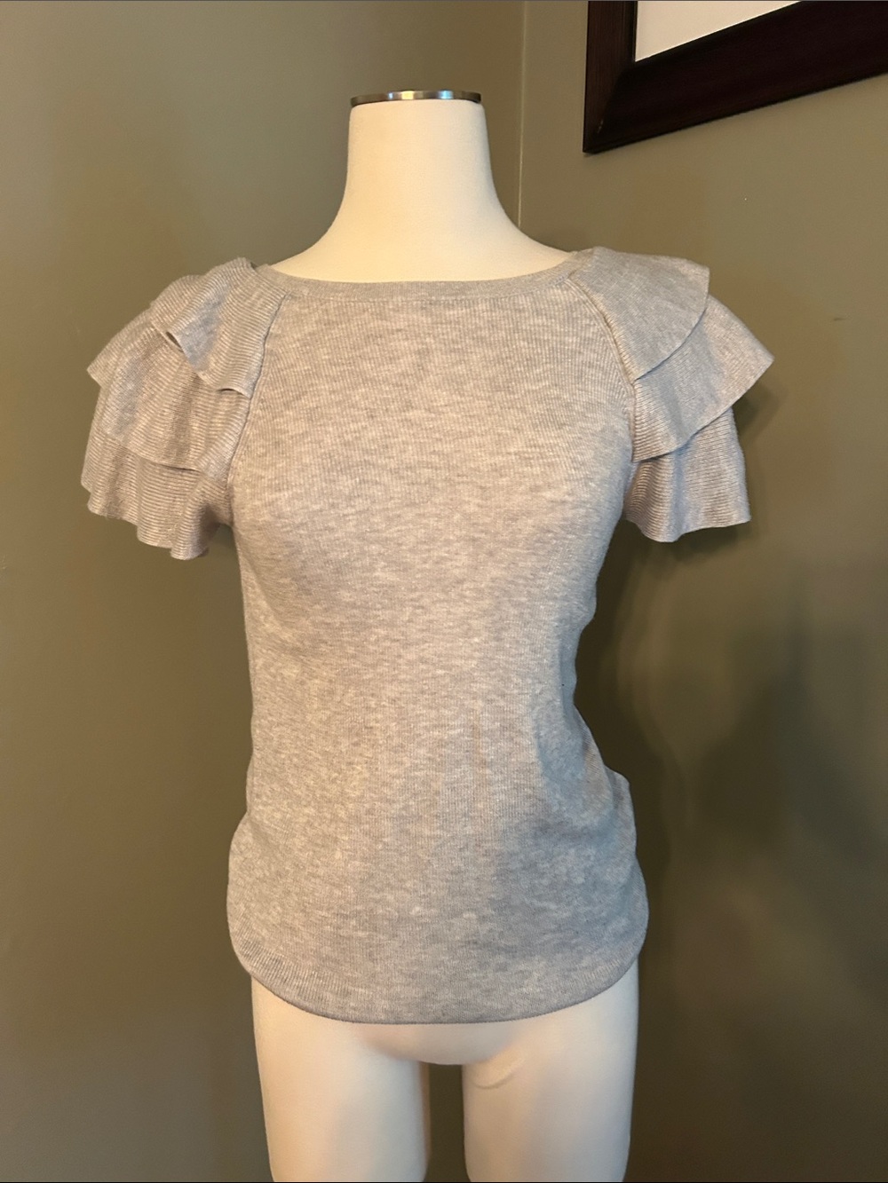 Express Gray Ruffle Short Sleeve Knit Light Sweater Top